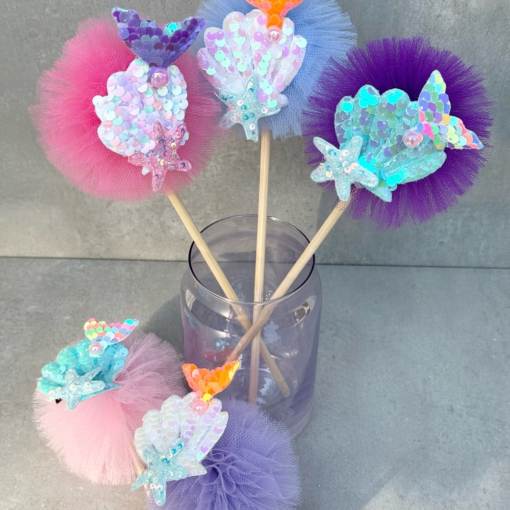Mermaid Tulle pom pom wands Centerpiece Birthday Party Decor Tutu balls, pompom